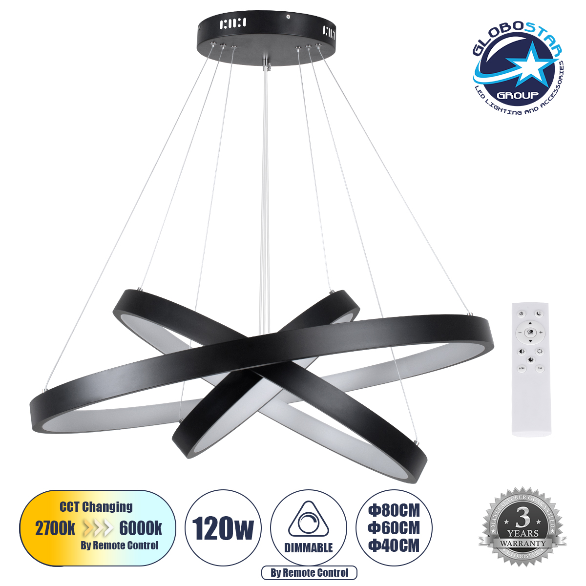LOC LED Of Cyprus - GloboStar® NEMESIS TRIO 61170-DECO Κρεμαστό Φωτιστικό Δαχτυλίδι-Κύκλος LED CCT 120W 14723lm 360° AC 220-240V - Εναλλαγή Φωτισμού μέσω Τηλεχειριστηρίου All In One Ψυχρό 6000k+Φυσικό 4500k+Θερμό 2700k Dimmable Φ40+60+80cm - Μαύρο - 3 Years Warranty