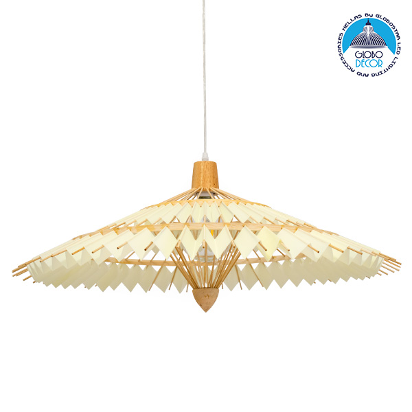 LOC LED Of Cyprus - GloboStar® VENTALIA 00895 Boho Κρεμαστό Φωτιστικό Καμπάνα Μονόφωτο 1 x E27 IP20 Μπεζ Ξύλο - Μ80 x Π80 x Υ40cm