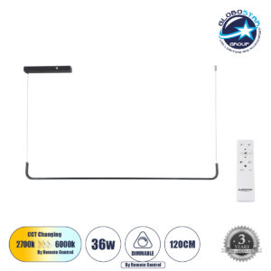 LOC LED Of Cyprus - GloboStar® LINARIA 60921 Κρεμαστό Φωτιστικό Οροφής Design LED CCT 36W 4150lm 200° AC 220-240V - Εναλλαγή Φωτισμού μέσω Τηλεχειριστηρίου All In One Ψυχρό 6000k+Φυσικό 4500k+Θερμό 2700k Dimmable Μ120 x Π2 x Υ10cm - Μαύρο - 3 Years Warranty