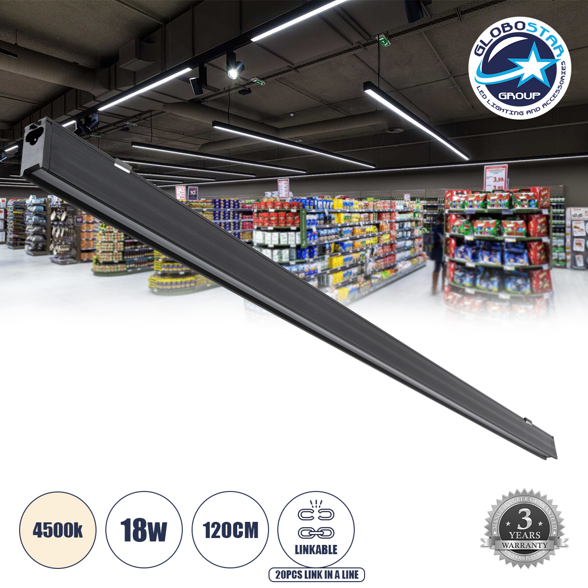 LOC LED Of Cyprus - GloboStar® MARKET 61021-S Γραμμικό Φωτιστικό Οροφής Linear LED 18W 2200lm 60° AC 220-240V Μ120 x Π2 x Υ4cm Φυσικό Λευκό 4500K - Μαύρο - 3 Years Warranty