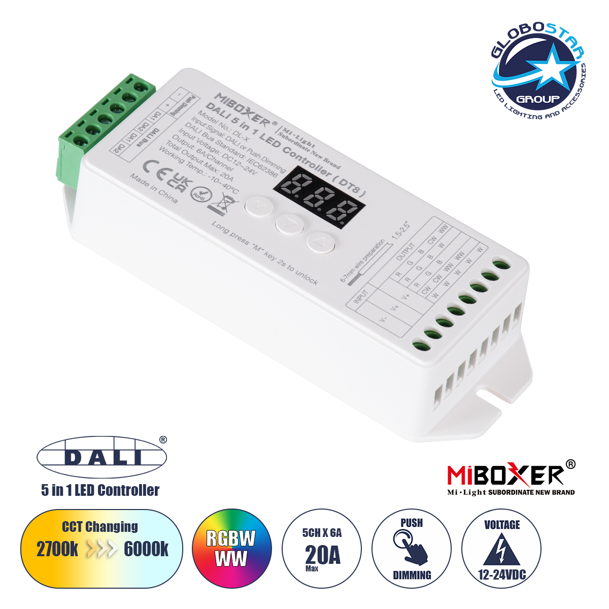 LOC LED Of Cyprus - GloboStar® 71423 DL-X Mi-BOXER DC DALI & Push Dimming 5 in 1 High Speed Controller / Dimmer 5 Καναλιών DC 12-24V 5 x 6A 144W - Max 20A 480W - IP20 RGBW+WW Μ13 x Π5 x Υ2.5cm - 5 Years Warranty