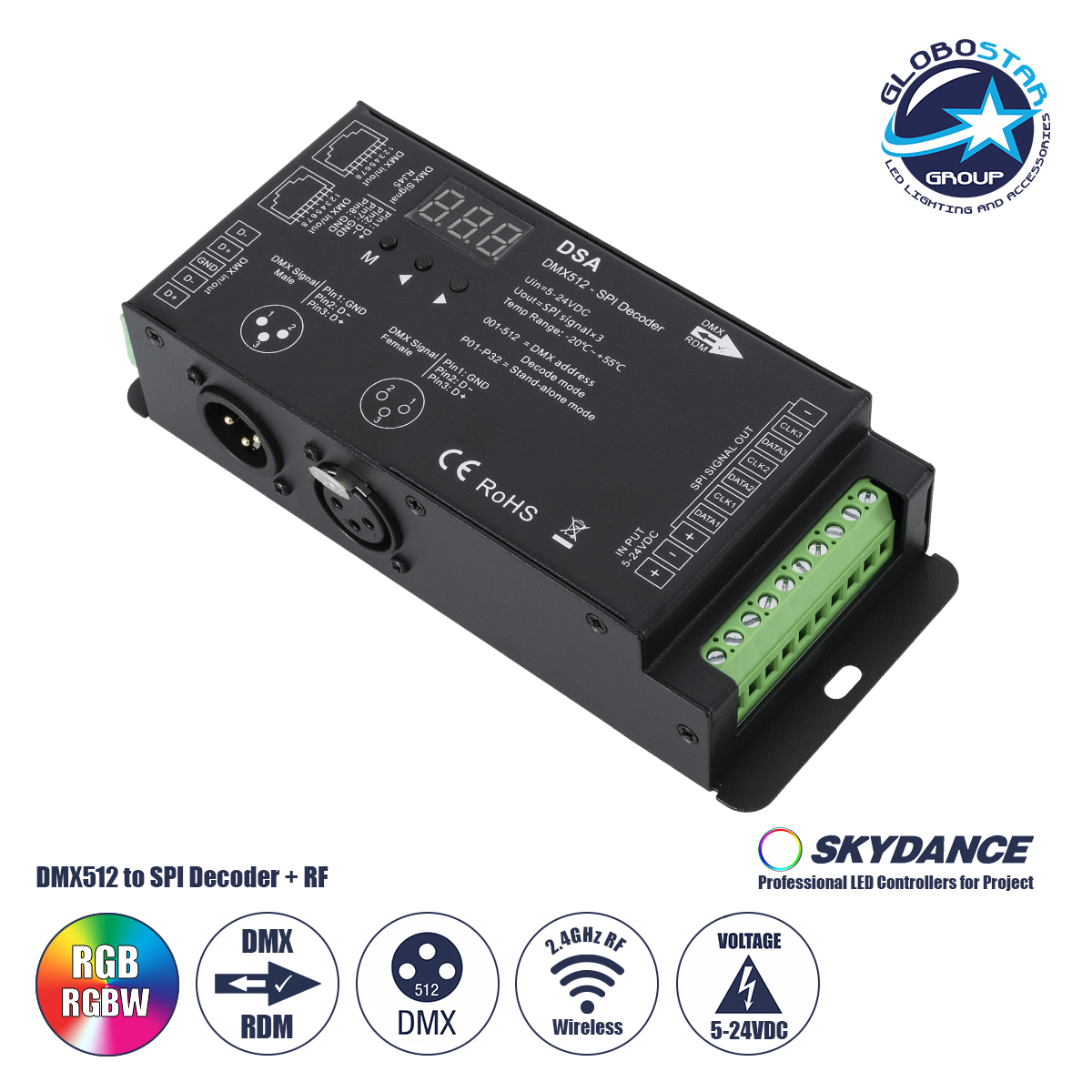 LOC LED Of Cyprus - GloboStar® 73141 DSA SKYDANCE DC RF 2.4Ghz DMX512 to SPI Decoder DC 5-24V - IP20 Π16.5 x Π7 x Υ3.7cm - 5 Χρόνια Εγγύηση