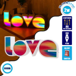 LOC LED Of Cyprus - GloboStar® 76553 Μοντέρνο Επιτραπέζιο Διακοσμητικό Φωτιστικό LED Σήμανσης MULTICOLOR LOVE 2W με Διακόπτη On/Off & Καλώδιο Τροφοδοσίας USB - Μπαταρίας 3xAAA (Δεν Περιλαμβάνονται) Ψυχρό Λευκό 6000K