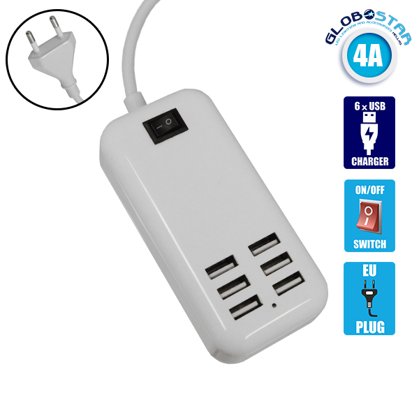 LOC LED Of Cyprus - Φορτιστής USB 6 Θέσεων με ON / OFF Διακόπτη 4A 20 Watt 5V DC Λευκός GloboStar 69998