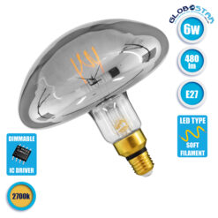 LOC LED Of Cyprus - GLOBOSTAR® MUSHROOM 99174 Λάμπα E27 MR200 LED 6W 480lm 360° AC 220-240V IP20 Θερμό Λευκό 2700K Dimmable - Soft T Spiral Filament Chip - Μαύρο Φιμέ - Μ19.5 x Π19.5 x Υ20cm - 3 Χρόνια Εγγύηση