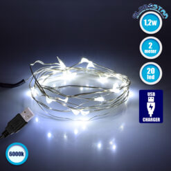 LOC LED Of Cyprus - GLOBOSTAR® STRINGLIGHT 79730 Γιρλάντα 2m 20 LED 1.2W 96lm 360° DC 5V με USB 2.0 IP20 Ψυχρό Λευκό 6000Κ Dimmable - Ασημί - Μ200 x Π0.6 x Υ0.6cm - 1 Χρόνο Εγγύηση