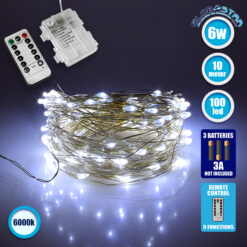 LOC LED Of Cyprus - 79781 Διακοσμητική Γιρλάντα Μπαταρίας 10 Μέτρων 100 LED 6 Watt με Ασημένιο Συρμάτινο Καλώδιο και Ασύρματο Χειριστήριο Ψυχρό Λευκό 6000K