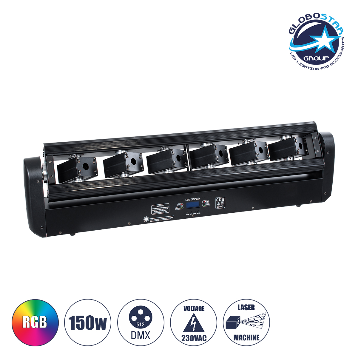 LOC LED Of Cyprus - GLOBOSTAR® AMNESIA 51179 Stage Κινούμενη Ρομποτική Κεφαλή Spider Super Beam LASER 150W 2° AC 220-240V IP20 6 x 1W LASER Chip 300mW RED/638nm 100mW GREEN/531nm 600mW BLUE/442nm Πολύχρωμο RGB Dimmable DMX512 Protocol 14/35 Channels - Μ86 x Π23 x Υ9cm - 2 Χρόνια Εγγύηση