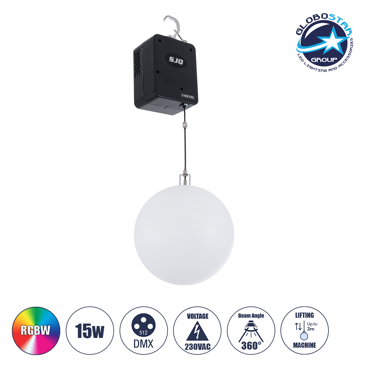 LOC LED Of Cyprus - GloboStar® 51202 LIFT BALL Επαγγελματικό Φωτιστικό Ειδικών Εφέ Φ30cm KINETIC BALL Light CREE LED 4in1 15W - 15 x 1W LED SMD Chips RGBW - Μέγιστο Μήκος Ανύψωσης 3.5 Μέτρα - AC 220V-240V DMX512 Display on Body - Μαύρο - Μ17 x Π13 x Υ26cm - 2 Χρόνια Εγγύση