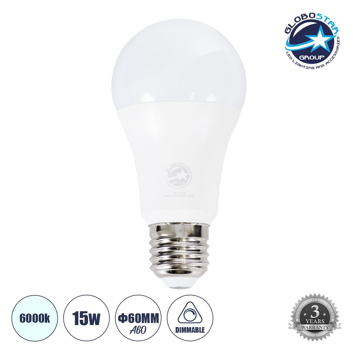 LOC LED Of Cyprus - GLOBOSTAR® GLOBE 60048 Λάμπα E27 A60 LED 15W 1500lm 260° AC 220-240V IP20 Ψυχρό Λευκό 6000K Dimmable - Lumileds SMD Chip - Λευκό Γαλακτερό - Μ6 x Π6 x Υ11.9cm - 3 Χρόνια Εγγύηση