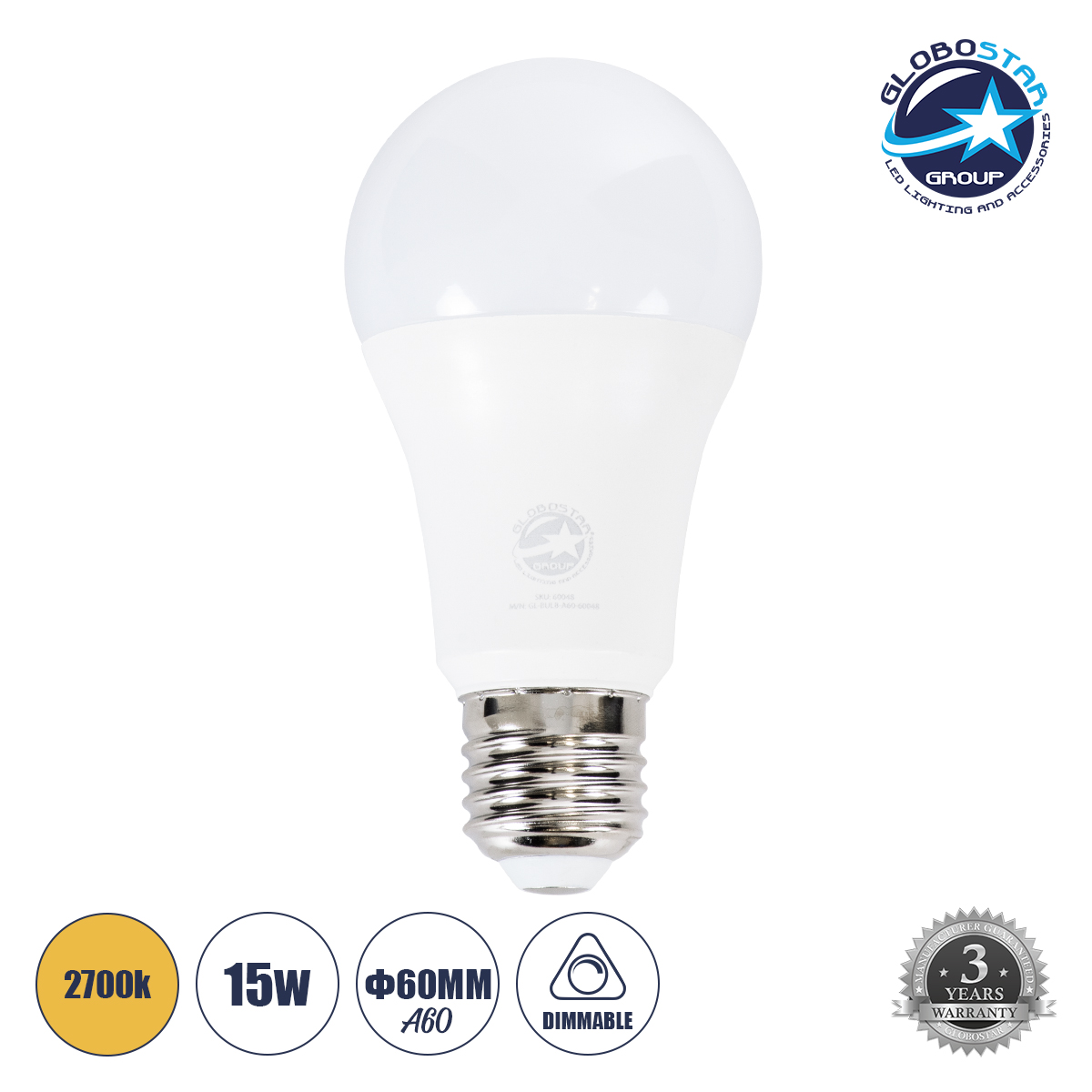 LOC LED Of Cyprus - GLOBOSTAR® GLOBE 60050 Λάμπα E27 A60 LED 15W 1410lm 260° AC 220-240V IP20 Θερμό Λευκό 2700K Dimmable - Lumileds SMD Chip - Λευκό Γαλακτερό - Μ6 x Π6 x Υ11.9cm - 3 Χρόνια Εγγύηση