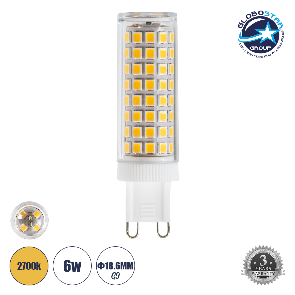 LOC LED Of Cyprus - GLOBOSTAR® TUBΙTO 60386 Λάμπα G9 68mm LED 6W 816lm 360° AC 220-240V IP20 Θερμό Λευκό 2700K - Lumileds SMD Chip - Μ1.8 x Π1.8 x Υ6.8cm - 3 Χρόνια Εγγύηση