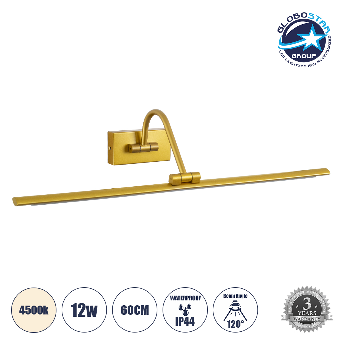 LOC LED Of Cyprus - GLOBOSTAR® MIRA 60433 Μοντέρνο Φωτιστικό Τοίχου - Απλίκα Καθρέπτη Μπάνιου LED 12W 1400lm 120° AC 220-240V IP44 Φυσικό Λευκό 4500K - Lumileds SMD Chip & TÜV SÜD Driver - Χρυσό - Μ60 x Π20 x Υ13cm - 3 Χρόνια Εγγύηση