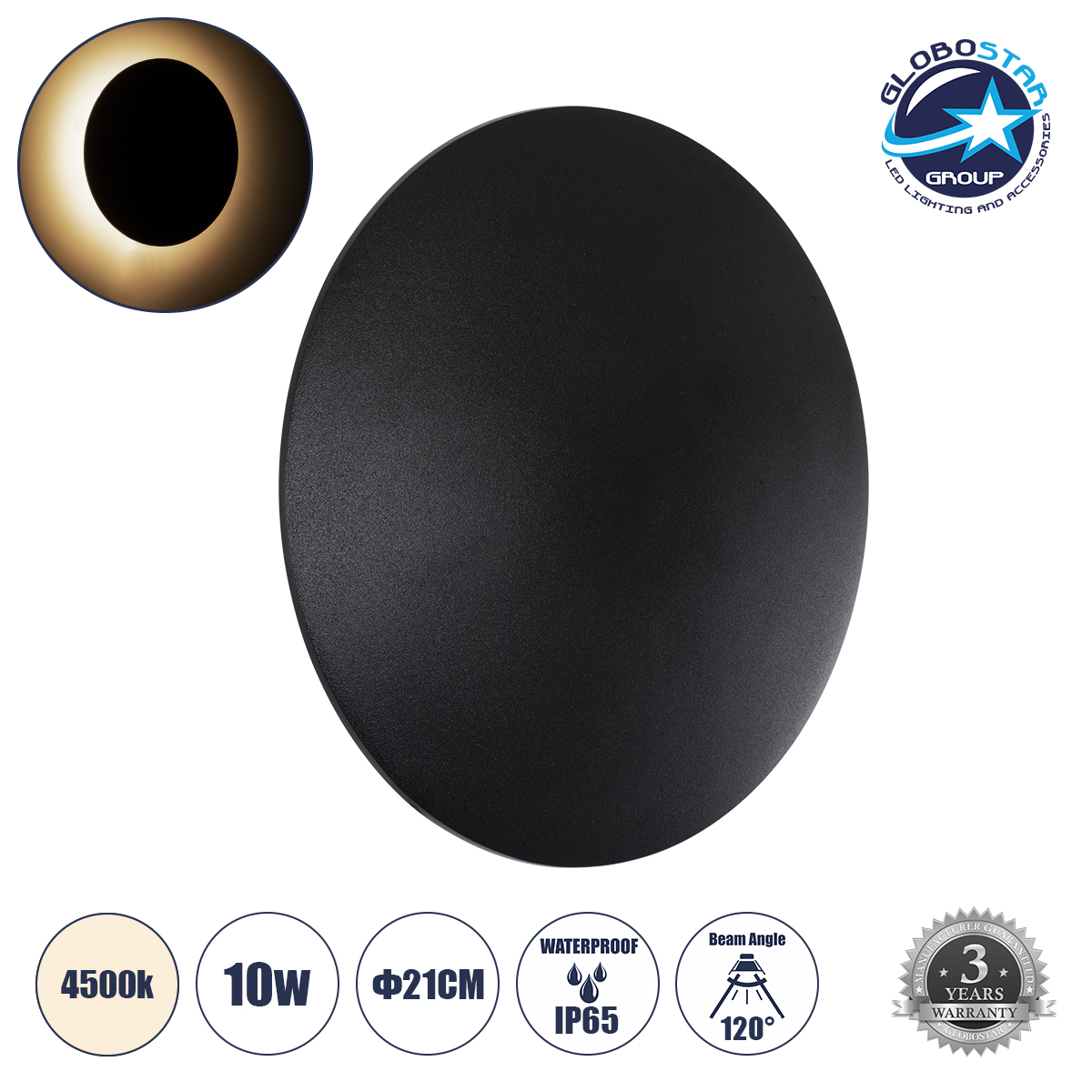 LOC LED Of Cyprus - GLOBOSTAR® HELIO-R 60493 Μοντέρνο Φωτιστικό Τοίχου - Απλίκα LED 10W 1200lm 120° AC 220-240V Αδιάβροχο IP65 Φυσικό Λευκό 4500K - Lumileds SMD Chip & TÜV SÜD Driver - Μαύρο Ματ - Μ21 x Π21 x Υ5cm - 5 Χρόνια Εγγύηση