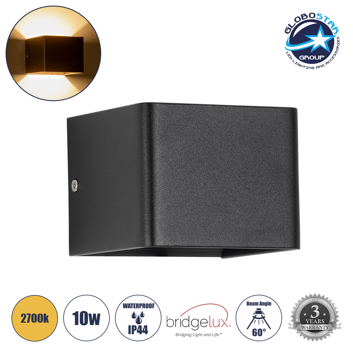 LOC LED Of Cyprus - GLOBOSTAR® CIRCOA 60535 Μοντέρνο Φωτιστικό Τοίχου - Απλίκα LED 10W 1000lm 60° AC 220-240V Αδιάβροχο IP44 Θερμό Λευκό 2700K - Bridgelux COB Chip & TÜV SÜD Driver - Μαύρο Ματ - Μ10 x Π8 x Υ10cm - 5 Χρόνια Εγγύηση