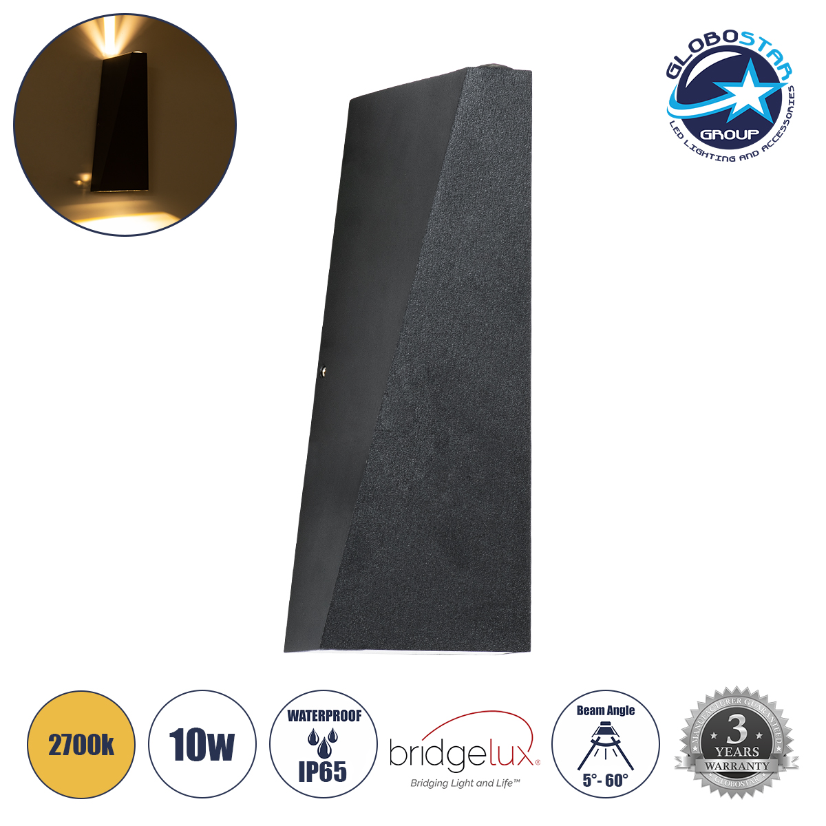 LOC LED Of Cyprus - GLOBOSTAR® TRIANDE 60553 Μοντέρνο Φωτιστικό Τοίχου - Απλίκα LED 10W 1150lm 5°/60° AC 220-240V Αδιάβροχο IP65 Θερμό Λευκό 2700K - Bridgelux COB Chip & TÜV SÜD Driver - Μαύρο Ματ - Μ8.5 x Π8.5 x Υ20cm - 5 Χρόνια Εγγύηση