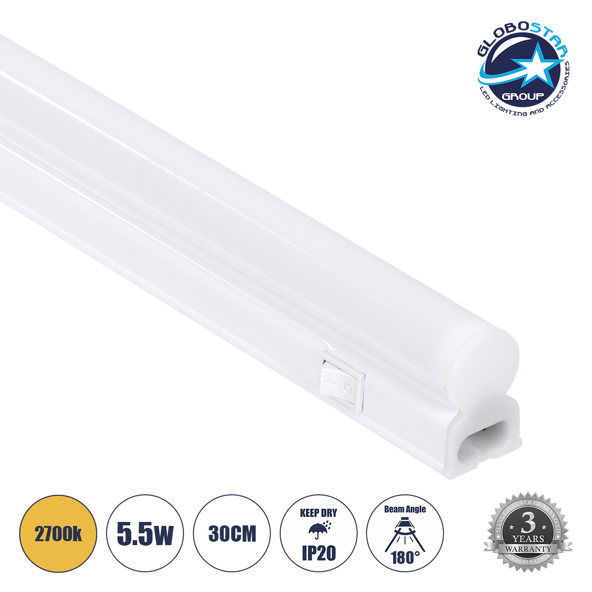 LOC LED Of Cyprus - GloboStar® TUBO 60786 Γραμμικό Φωτιστικό Οροφής Linear LED Τύπου T5 Επεκτεινόμενο 5.5W 528lm 180° AC 220-240V IP20 Πάγκου Κουζίνας με Διακόπτη On/Off Μ30 x Π2.2 x Υ3.5cm Θερμό Λευκό 2700K - Λευκό - 3 Years Warranty