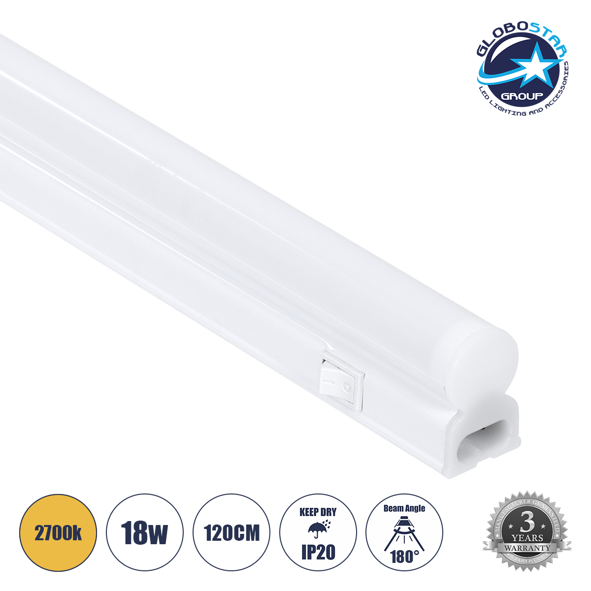 LOC LED Of Cyprus - GloboStar® TUBO 60792 Γραμμικό Φωτιστικό Οροφής Linear LED Τύπου T5 Επεκτεινόμενο 18W 1728lm 180° AC 220-240V IP20 Πάγκου Κουζίνας με Διακόπτη On/Off Μ120 x Π2.2 x Υ3.5cm Θερμό Λευκό 2700K - Λευκό - 3 Years Warranty