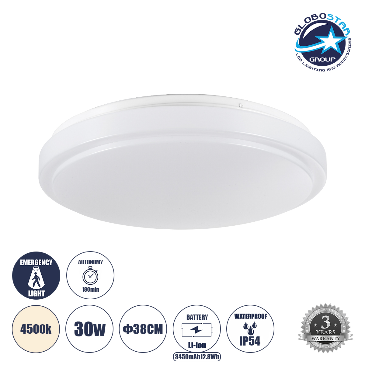 LOC LED Of Cyprus - GLOBOSTAR® EMERGANO 60993 Φωτιστικό Πλαφονιέρα Οροφής με Ενσωματωμένο Σύστημα Emergency Li-ion 3450mAh/12.8Wh με Αυτονομία 3hrs LED 30W 3750lm 120° AC 220-240V Αδιάβροχο IP54 Φυσικό Λευκό 4500K - Lumileds SMD Chip - Λευκό Γαλακτερό - Μ38 x Π38 x Υ5.3cm - 3 Χρόνια Εγγύηση