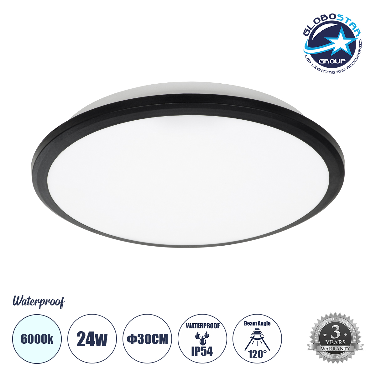 LOC LED Of Cyprus - GLOBOSTAR® TUFFIN 60996 Φωτιστικό Πλαφονιέρα Οροφής LED 24W 2760lm 120° AC 220-240V Αδιάβροχο IP54 Ψυχρό Λευκό 6000K - Lumileds SMD Chip - Μαύρο Ματ & Λευκό Γαλακτερό - Μ30 x Π30 x Υ6.5cm - 3 Χρόνια Εγγύηση