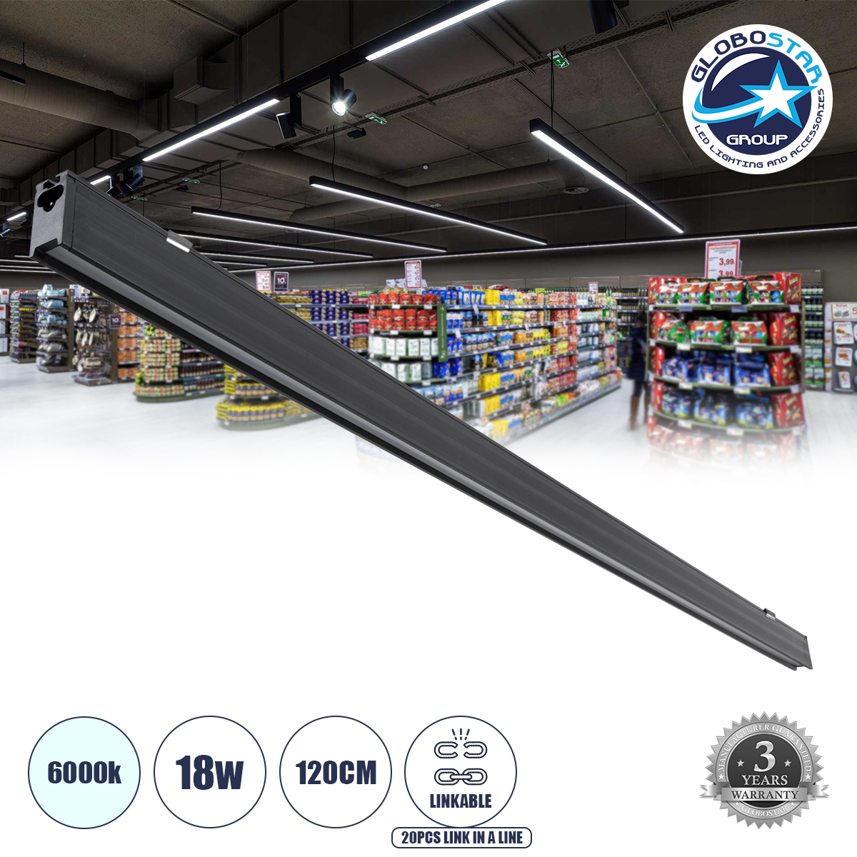 LOC LED Of Cyprus - GLOBOSTAR® MARKET 61020 Μοντέρνο Γραμμικό Επεκτεινόμενο Φωτιστικό Οροφής LED 18W 2230lm 60° AC 220-240V IP20 Ψυχρό Λευκό 6000K - Lumileds SMD Chip - Μαύρο Ματ - Μ120 x Π2 x Υ4cm - 3 Χρόνια Εγγύηση