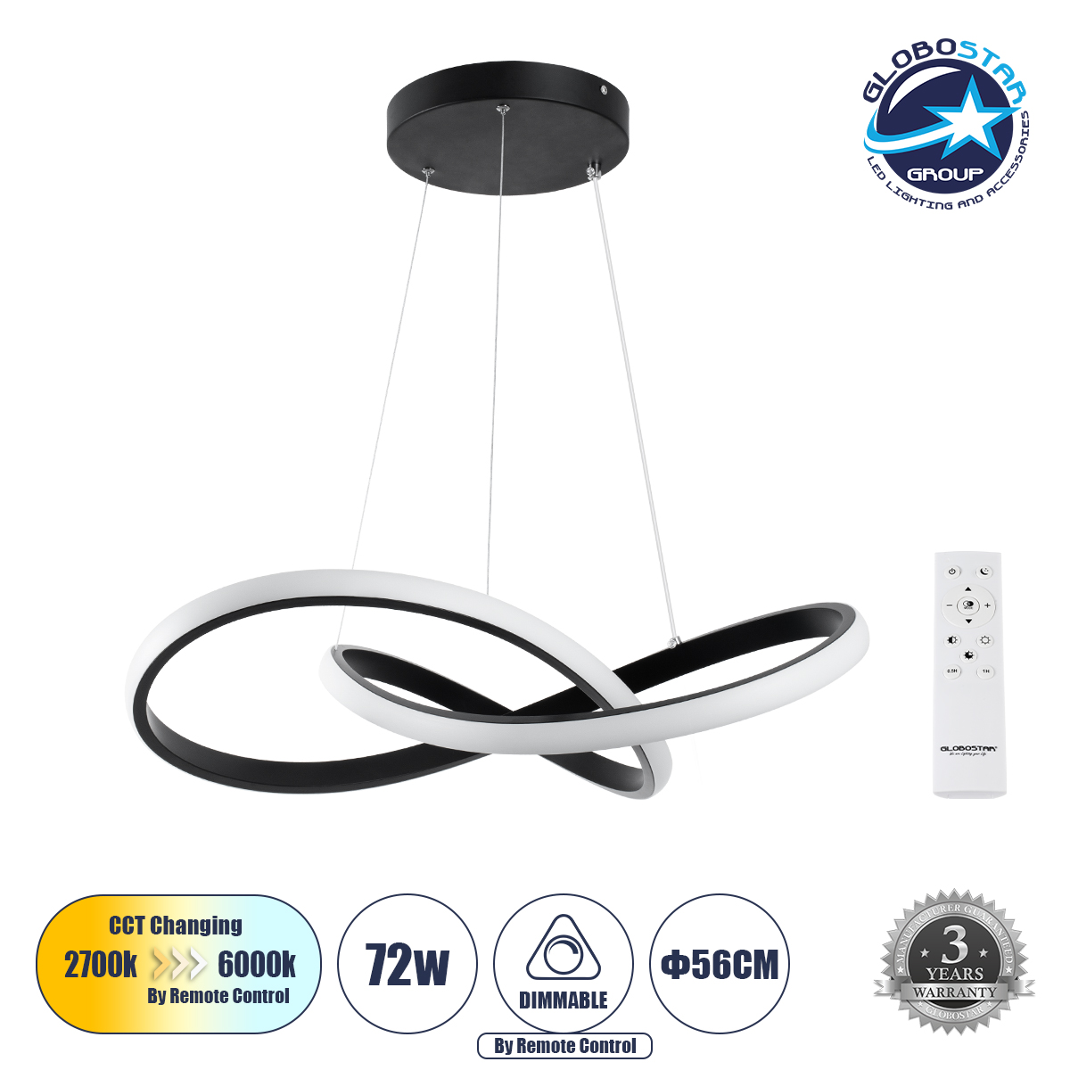 LOC LED Of Cyprus - GLOBOSTAR® DEXTER 61049 Μοντέρνο Κρεμαστό Φωτιστικό Οροφής LED 72W 8064lm 300° AC 220-240V IP20 Ρυθμιζόμενο Λευκό CCT με Χειριστήριο από 2700K έως 6000K Dimmable - Lumileds SMD Chip - Μαύρο Ματ - Μ56 x Π56 x Υ14cm - 3 Χρόνια Εγγύηση