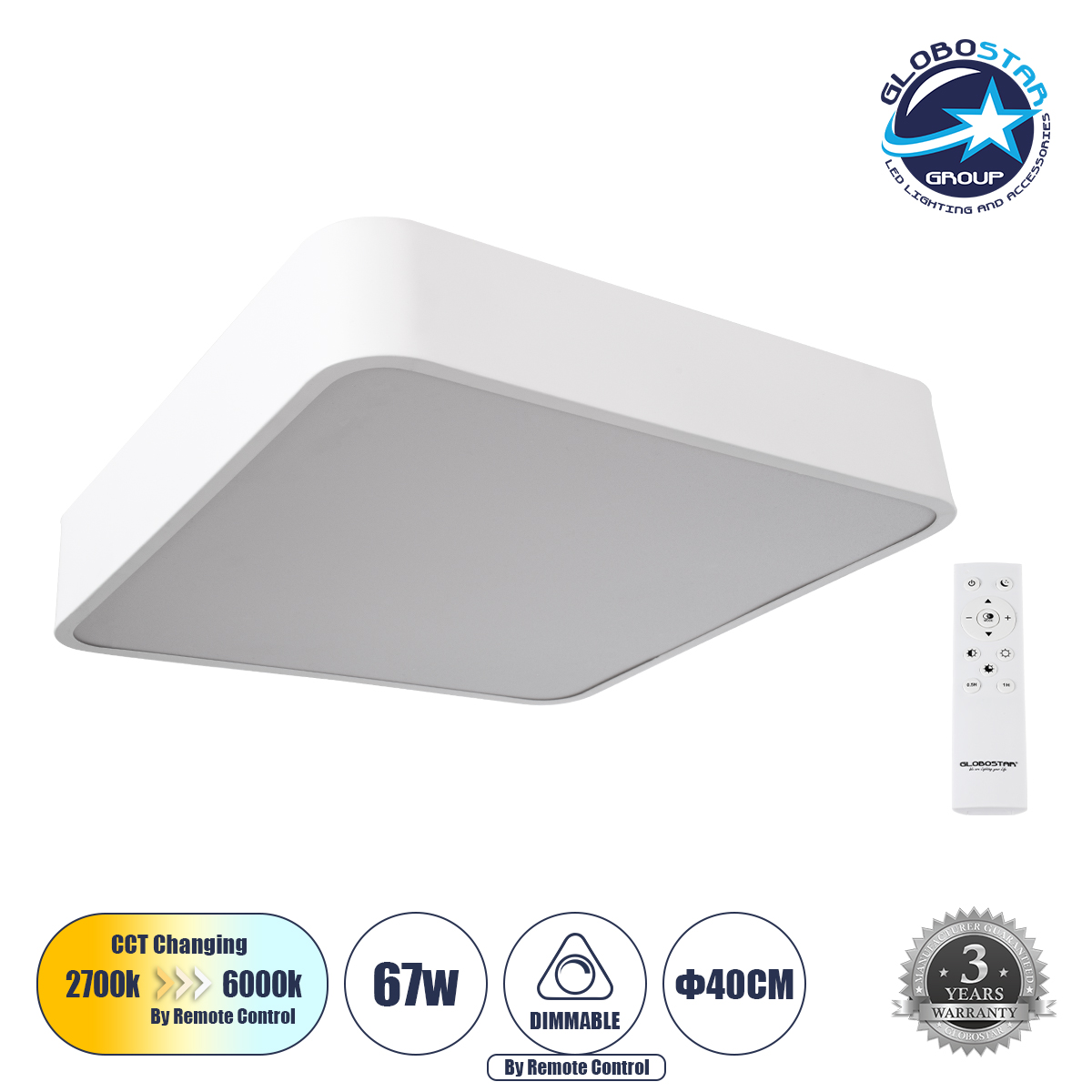 LOC LED Of Cyprus - GLOBOSTAR® KAMALA 61207-S Μοντέρνο Φωτιστικό Οροφής LED 67W 7370lm 120° AC 220-240V IP20 Ρυθμιζόμενο Λευκό CCT με Χειριστήριο από 2700K έως 6000K Dimmable - Lumileds SMD Chip - Λευκό Ματ - Μ40 x Π40 x Υ8cm - 3 Χρόνια Εγγύηση