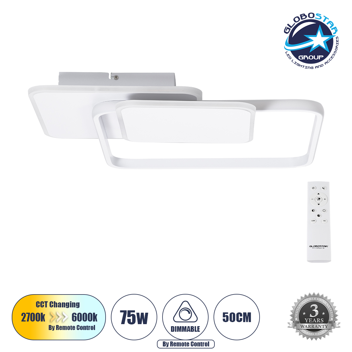 LOC LED Of Cyprus - GLOBOSTAR® SQUARO 61232 Μοντέρνο Φωτιστικό Οροφής LED 75W 8400lm 360° AC 220-240V IP20 Ρυθμιζόμενο Λευκό CCT με Χειριστήριο από 2700K έως 6000K Dimmable - Lumileds SMD Chip - Λευκό Ματ - Μ48.5 x Π51 x Υ9cm - 3 Χρόνια Εγγύηση