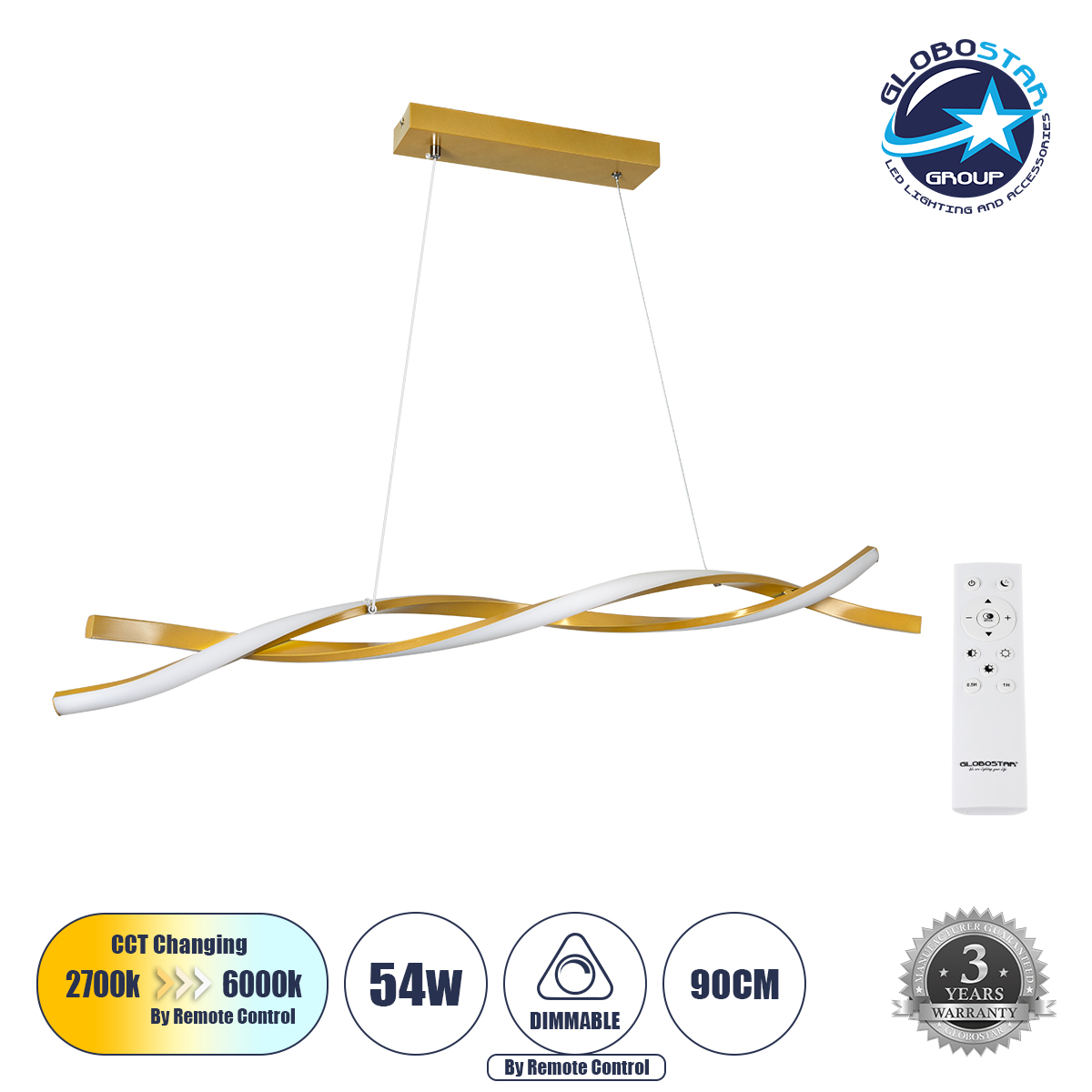 LOC LED Of Cyprus - GLOBOSTAR® MORALES 61278 Μοντέρνο Κρεμαστό Φωτιστικό Οροφής LED 54W 6048lm 300° AC 220-240V IP20 Ρυθμιζόμενο Λευκό CCT με Χειριστήριο από 2700K έως 6000K Dimmable - Lumileds SMD Chip - Σατινέ Χρυσό Βούρτσας - Μ90 x Π14 x Υ14cm - 3 Χρόνια Εγγύηση