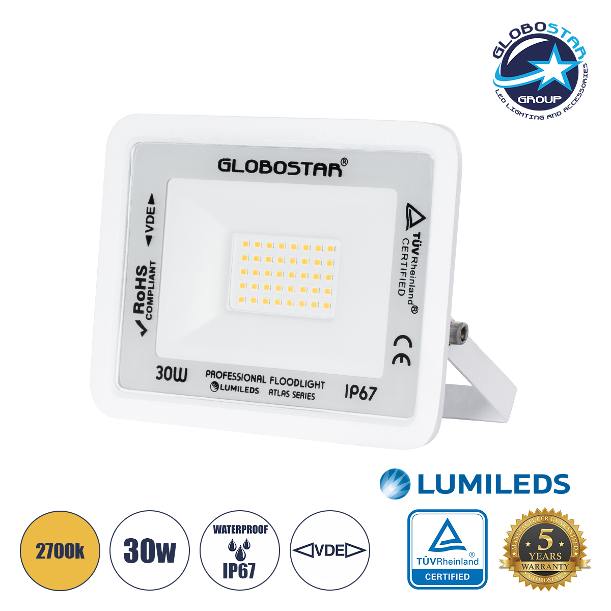 LOC LED Of Cyprus - GLOBOSTAR® ATLAS 61415 Προβολέας LED 30W 3450lm 120° AC 220-240V Αδιάβροχο IP67 Θερμό Λευκό 2700K - Lumileds SMD Chip - TÜV Rheinland Certified - Λευκό Ματ - Μ16 x Π2.5 x Υ12.5cm - 5 Χρόνια Εγγύηση