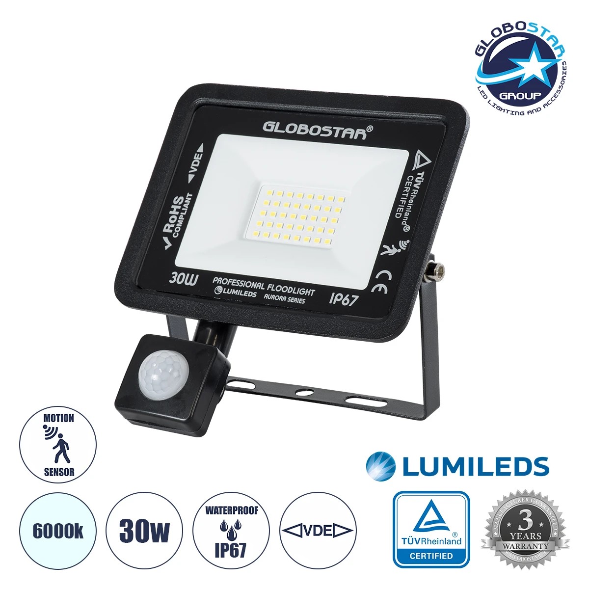 LOC LED Of Cyprus - GLOBOSTAR® AURORA 61439 Προβολέας με Ανιχνευτή PIR / Αισθητήρα Κίνησης LED 30W 3750lm 120° AC 220-240V Αδιάβροχο IP67 Ψυχρό Λευκό 6000K - Lumileds SMD Chip - TÜV Rheinland Certified - Μαύρο Ματ - Μ16 x Π5 x Υ17.5cm - 3 Χρόνια Εγγύηση
