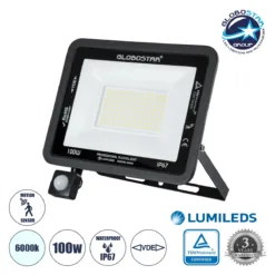LOC LED Of Cyprus - GLOBOSTAR® AURORA 61443 Προβολέας με Ανιχνευτή PIR / Αισθητήρα Κίνησης LED 100W 12500lm 120° AC 220-240V Αδιάβροχο IP67 Ψυχρό Λευκό 6000K - Lumileds SMD Chip - TÜV Rheinland Certified - Μαύρο Ματ - Μ25 x Π6.5 x Υ27.5cm - 3 Χρόνια Εγγύηση