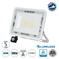 LOC LED Of Cyprus - GLOBOSTAR® AURORA 61444 Προβολέας με Ανιχνευτή PIR / Αισθητήρα Κίνησης LED 100W 12500lm 120° AC 220-240V Αδιάβροχο IP67 Ψυχρό Λευκό 6000K - Lumileds SMD Chip - TÜV Rheinland Certified - Λευκό Ματ - Μ25 x Π6.5 x Υ27.5cm - 3 Χρόνια Εγγύηση