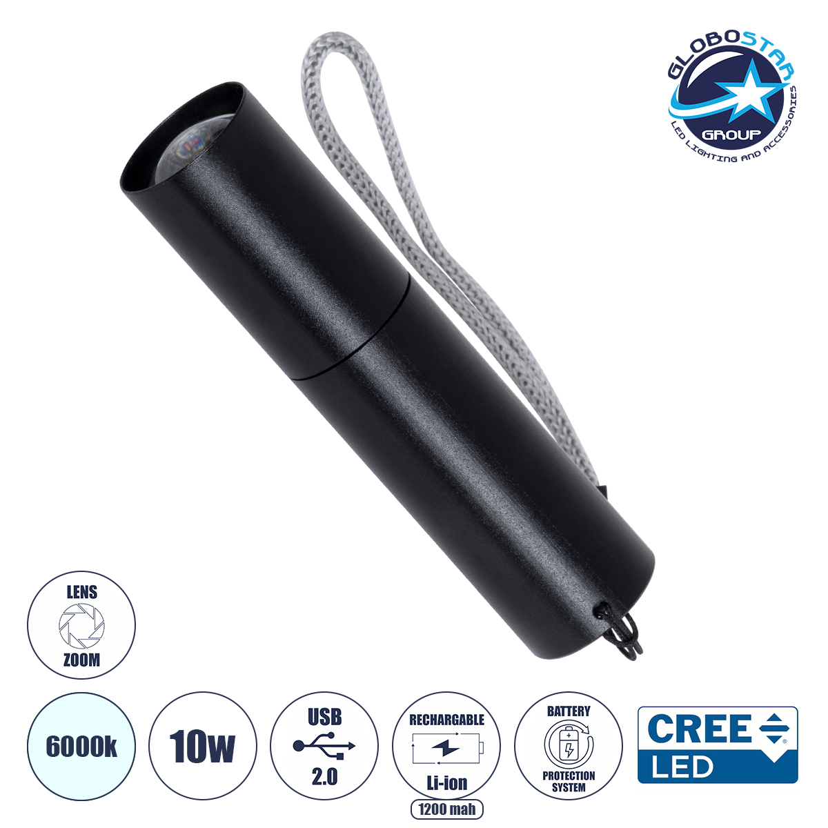 LOC LED Of Cyprus - GloboStar® 69924 Φορητός Φακός Χειρός Επαναφορτιζόμενος LED CREE XRE Q5 10W 1000lm Zoom έως 60° με 1 x 18650 Μπαταρία 1200mAh & Battery Protection System - USB 2.0 - 3 Modes IP20 Ψυχρό Λευκό 6000K Φ2.1 x Υ8.8cm