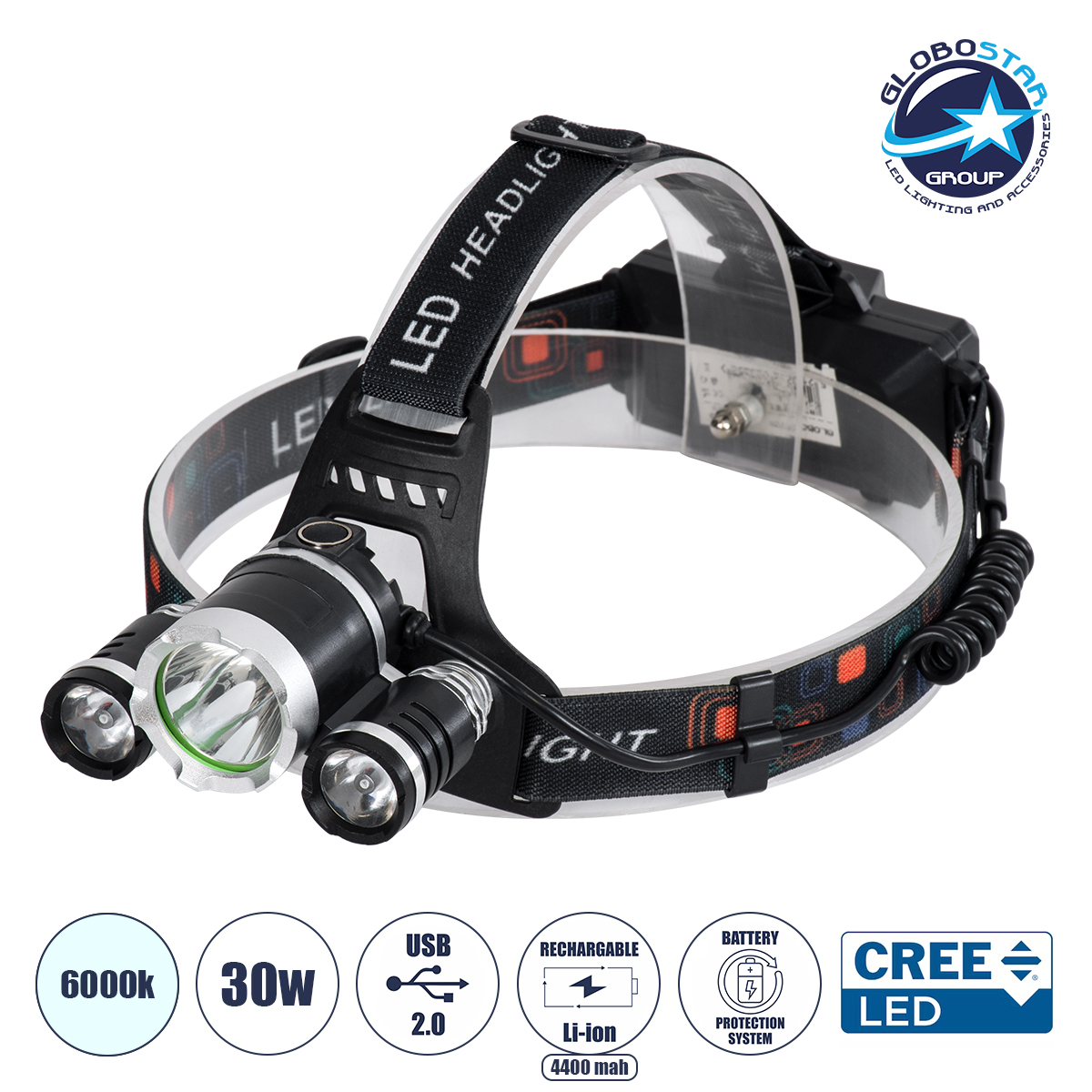 LOC LED Of Cyprus - GloboStar® 69926 Φορητός Φακός Κεφαλής Επαναφορτιζόμενος LED Luminus 1 x CREE XM-L2 T6 & 2 XPE LED CHIP x 30W 3000lm 60° Μοιρών με 2 x 18650 Μπαταρία 4400mAh USB 2.0 - 4 Modes - Αδιάβροχο IP54 Ψυχρό Λευκό 6000K Μ7.5 x Π7 x Υ6cm