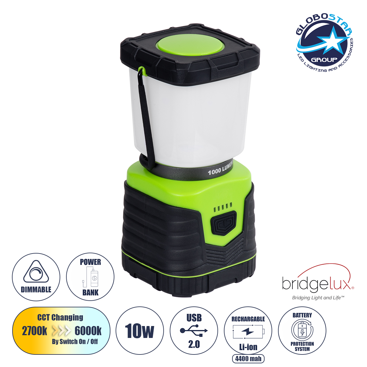 LOC LED Of Cyprus - GloboStar® 69930 Αυτόνομο Επαναφορτιζόμενο Φανάρι Camping LED 10W με Εναλλαγή Χρωμάτων & Επαναφορτιζόμενη Μπαταρία 18650 4400mAh Li-ion - Power Bank - Αδιάβροχο IP54 Θερμό Λευκό 2700K - Ψυχρό Λευκό 6000K Μ18.5 x Π9 x Υ9cm