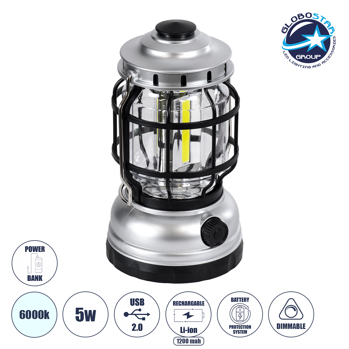 LOC LED Of Cyprus - GloboStar® 69933 Αυτόνομο Επαναφορτιζόμενο Φανάρι Camping LED 5W με Επαναφορτιζόμενη Μπαταρία 18650 1200mAh Li-ion - Power Bank - Αδιάβροχο IP54 - Dimmable - Μαύρο Ασημί - Ψυχρό Λευκό 6000K Φ10.2 x Υ18cm
