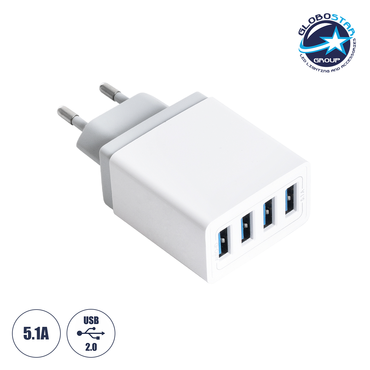 LOC LED Of Cyprus - GloboStar® 69997 Φορτιστής Πρίζας Charger 4 x Type-A USB Port DC 5V 5.1A Max 5W