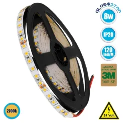 LOC LED Of Cyprus - GLOBOSTAR® LUXA 70232 Ταινία LED 8W/m 880lm/m 120° DC 24V IP20 120 x SMD2835 Chip/m Θερμό Λευκό 2700K Dimmable - Sanan SMD Chip - Μ500 x Π0.8 x Υ0.2cm - Ρολό 5 Μέτρων - 5 Χρόνια Εγγύηση