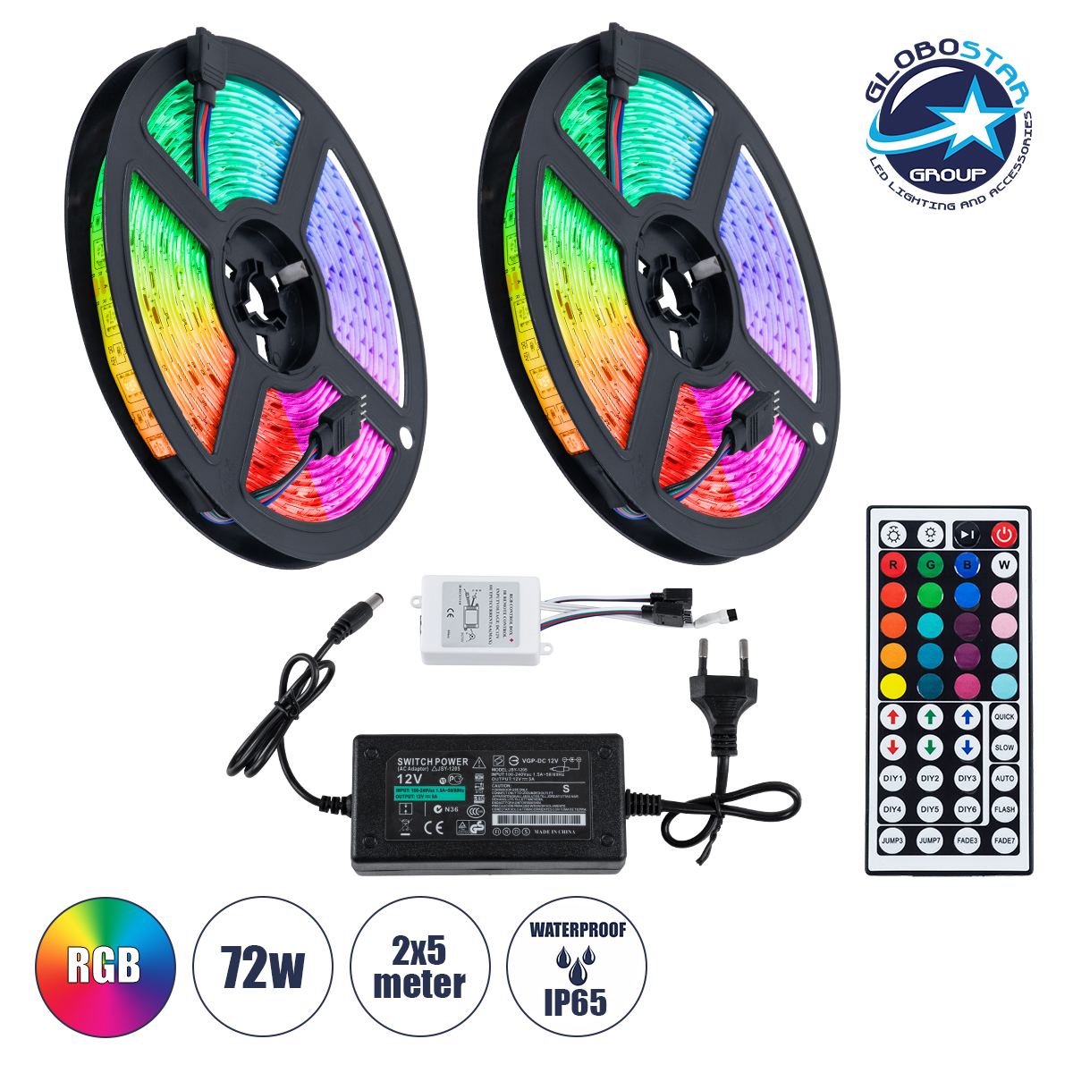 LOC LED Of Cyprus - GLOBOSTAR® CHROMAWAVE 70418 Σετ Ταινίας με IR Ασύρματο Χειριστήριο & Τροφοδοτικό LED 72W 4320lm 120° AC 220-240V Αδιάβροχο IP65 300 x SMD5050 Chip Πολύχρωμο RGB Dimmable - Sanan SMD Chip - Μ1000 x Π1 x Υ0.3cm - Δύο Ρολά 5 Μέτρων - 2 Χρόνια Εγγύηση