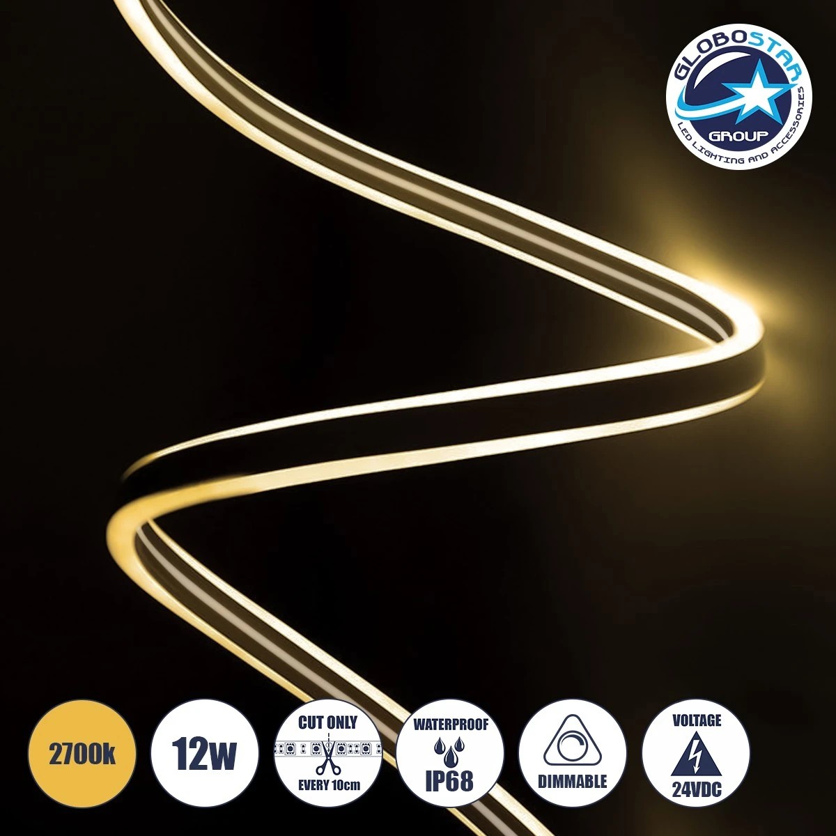 LOC LED Of Cyprus - GLOBOSTAR® DOUBLESIDED 70482 Ταινία Neon Flex LED 12W/m 840lm/m 240° DC 24V Αδιάβροχο IP65 120 x SMD2835 Chip/m Θερμό Λευκό 2700K Dimmable - Sanan SMD Chip - Μ100 x Π0.8 x Υ1.6cm - 3 Χρόνια Εγγύηση