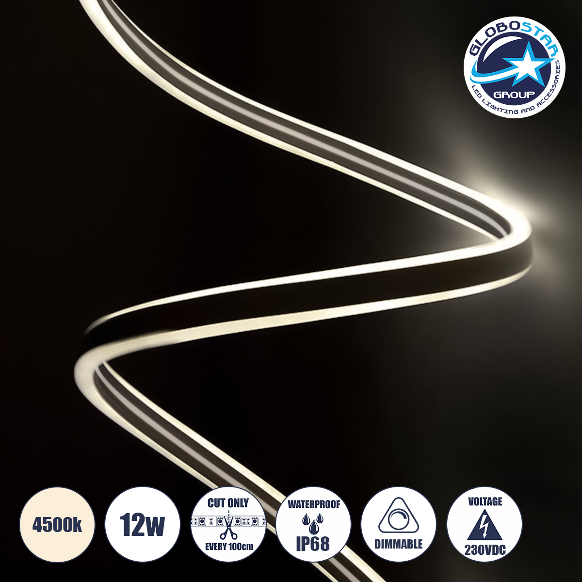 LOC LED Of Cyprus - GLOBOSTAR® DOUBLESIDED 70491 Ταινία Neon Flex LED 12W/m 960lm/m 240° DC DC 220-240V Αδιάβροχο IP65 120 x SMD2835 Chip/m Φυσικό Λευκό 4500K Dimmable - Sanan SMD Chip - Μ100 x Π0.8 x Υ1.6cm - 3 Χρόνια Εγγύηση