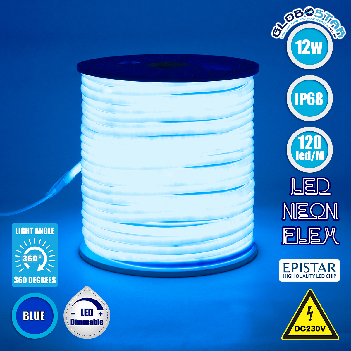 LOC LED Of Cyprus - GLOBOSTAR® NEOTUBE 70595 Ταινία Neon Flex LED 12W/m 600lm/m 360° DC 220-240V Αδιάβροχο IP65 120 x SMD2835 Chip/m Μπλε Dimmable - Sanan SMD Chip - Μ100 x Π1.3 x Υ1.3cm - 3 Χρόνια Εγγύηση