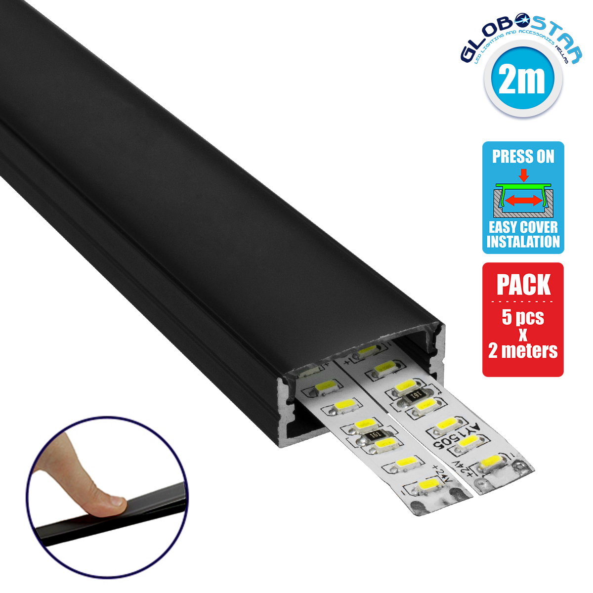 LOC LED Of Cyprus - GloboStar® SURFACE-PROFILE 70810-2M Προφίλ Αλουμινίου - Βάση & Ψύκτρα Ταινίας LED με Μαύρο Φιμέ Κάλυμμα - Επιφανειακή Χρήση - Πατητό Κάλυμμα - Μαύρο - 2 Μέτρα - Πακέτο 5 Τεμαχίων - Μ200 x Π2.4 x Υ1.1cm