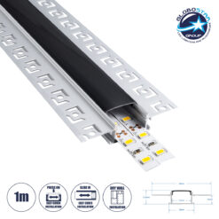 LOC LED Of Cyprus - GloboStar® PLASTERBOARD-PROFILE 70820-1M Προφίλ Αλουμινίου - Βάση & Ψύκτρα Ταινίας LED με Μαύρο Φιμέ Κάλυμμα - Χωνευτή Χρήση σε Γυψοσανίδα - Trimless - Πατητό Κάλυμμα - Ασημί - 1 Μέτρο - Μ100 x Π6.7 x Υ1.4cm