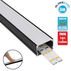 LOC LED Of Cyprus - GLOBOSTAR® ALP-LINEAR VEXTA 70825-3M Επιφανειακό Προφίλ Αλουμινίου με Λευκό Γαλακτερό Πατητό Κάλυμμα για Ταινίες LED IP20 - Μαύρο & Λευκό - Μ300 x Π3 x Υ2cm - Πακέτο 5 Τεμαχίων