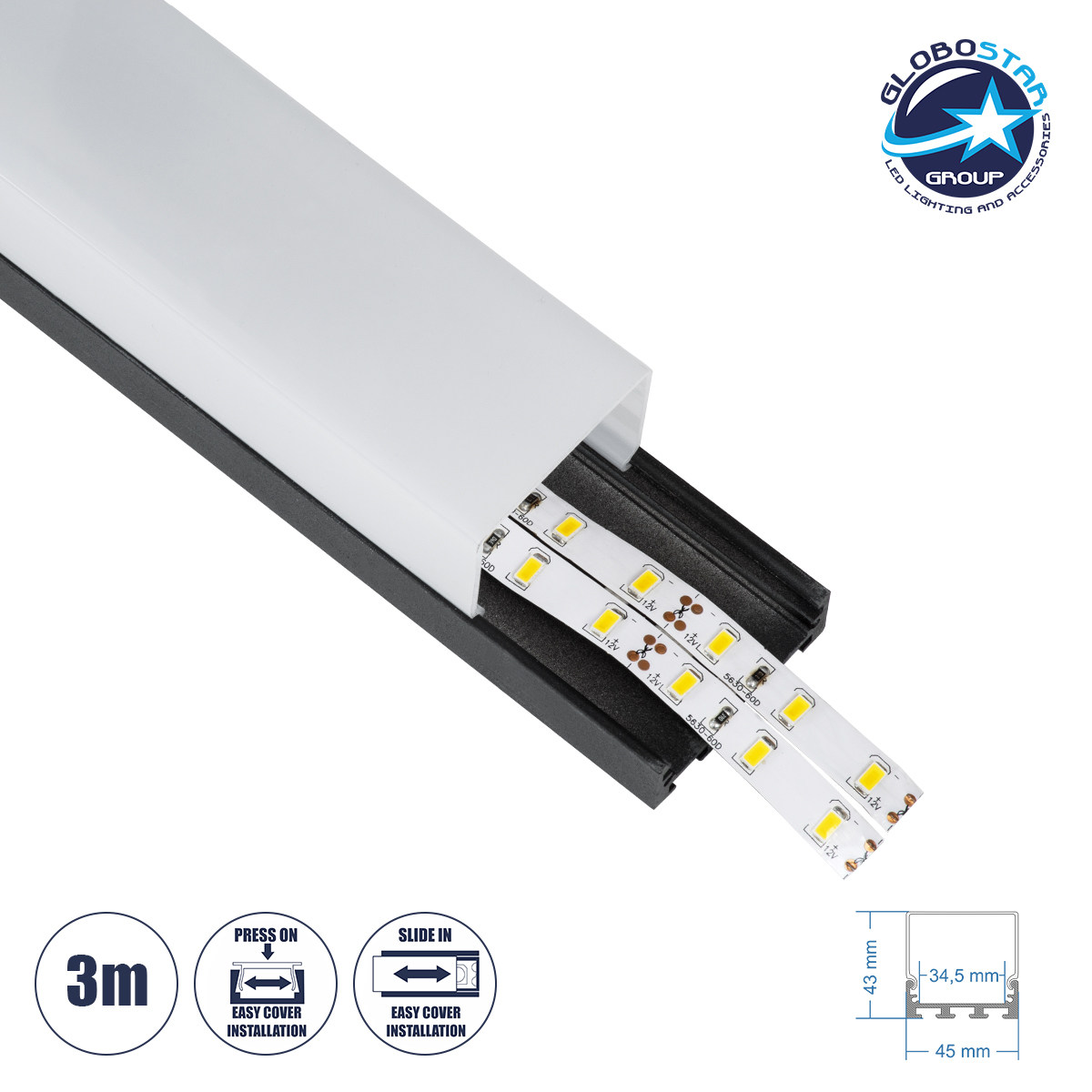 LOC LED Of Cyprus - GloboStar® SURFACEPENDANT-PROFILE 70866-3M Προφίλ Αλουμινίου - Βάση & Ψύκτρα Ταινίας LED με Λευκό Γαλακτερό Κάλυμμα - Επιφανειακή & Κρεμαστή Χρήση - Πατητό Κάλυμμα - Μαύρο - 3 Μέτρα - Μ300 x Π4.5 x Υ4.2cm