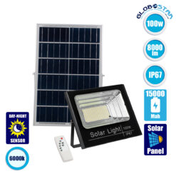 LOC LED Of Cyprus - GLOBOSTAR® HERMES 71557 Προβολέας με IR Ασύρματο Χειριστήριο LED 100W 5000lm 120° DC 5V με Φωτοβολταϊκό Panel 5V 20W & Επαναφορτιζόμενη Μπαταρία Li-ion 3.2V 15000mAh Αδιάβροχο IP66 Ψυχρό Λευκό 6000K Dimmable - Sanan SMD Chip - Μαύρο - Μ31.5 x Π26.2 x Υ7.5cm - 2 Χρόνια Εγγύηση