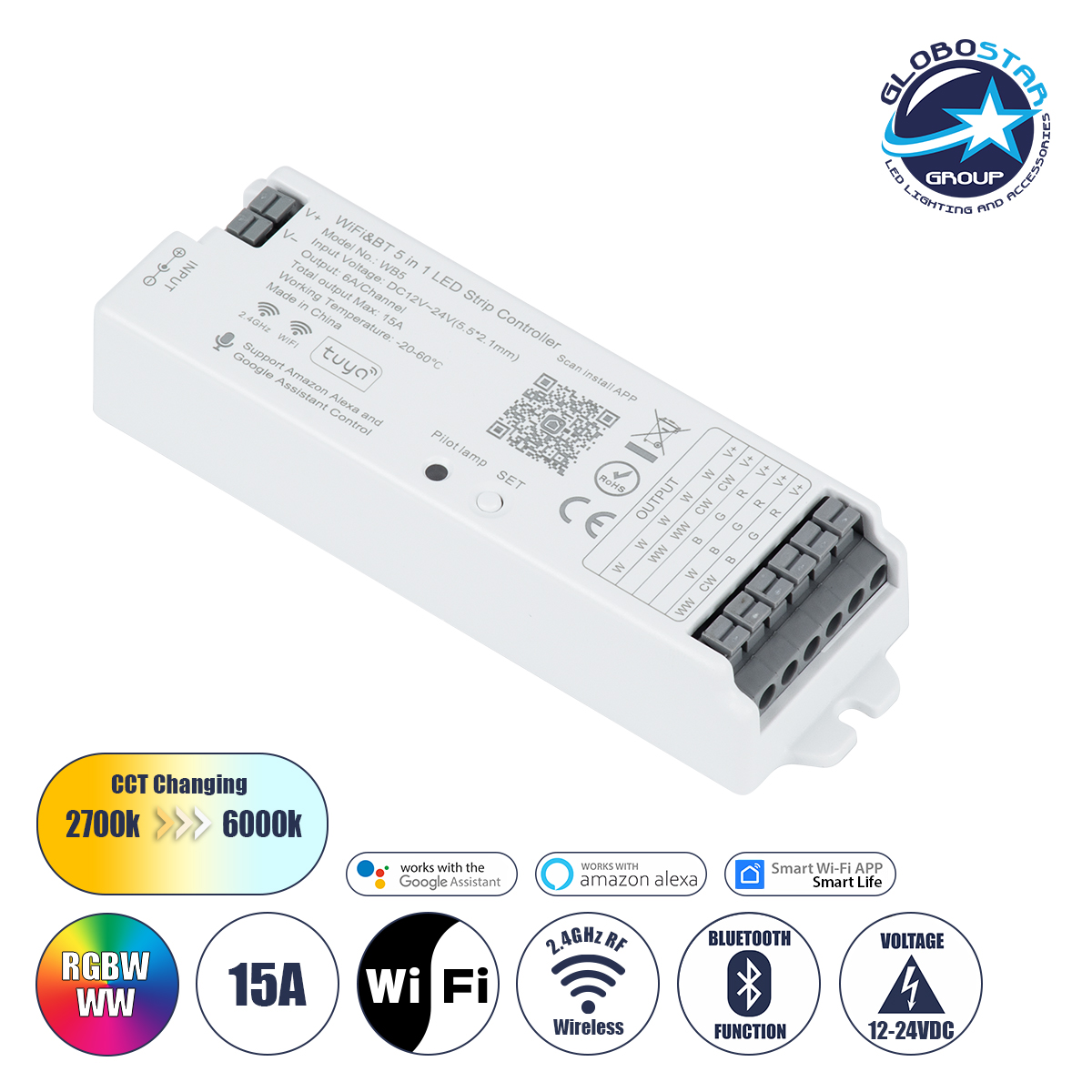 LOC LED Of Cyprus - GLOBOSTAR® TUYA-WB5 73008 DC WiFi & Bluetooth Master Dimmer / Controller Υψηλής Ταχύτητας με 5 x 6A 72W Κανάλια DC 12-24V 15A 360W Max IP20 - WiFi & Bluetooth - Μ12.2 x Π3.8 x Υ2.2cm - 5 Χρόνια Εγγύηση