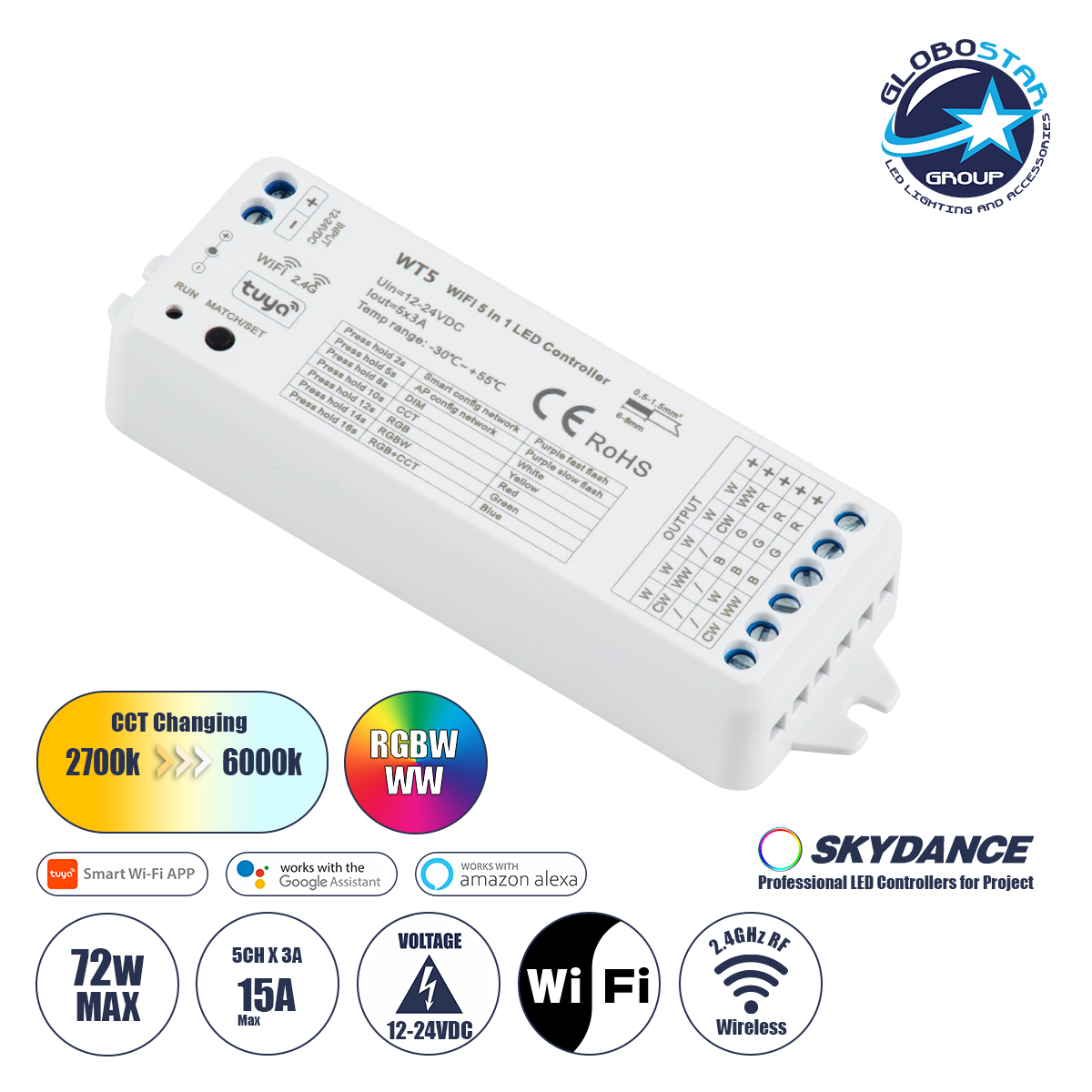 LOC LED Of Cyprus - GloboStar® 73010 WT5 SKYDANCE DC WiFi & RF 2.4Ghz Dimmer High Speed Controller 5 Καναλιών DC 12-24V 5 x 3A 72W - Max 15A 360W - IP20 Μ10 x Π4 x Υ2cm - 5 Years Warranty